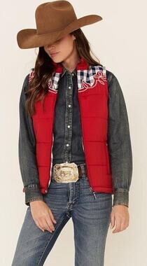 Cruel Denim red and blue buffalo plaid embroidered puffer vest Large Western